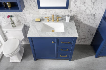 36" Bainbridge Vanity with Single Sink and Carrara Marble Top in Blue Finish