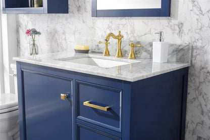 36" Bainbridge Vanity with Single Sink and Carrara Marble Top in Blue Finish