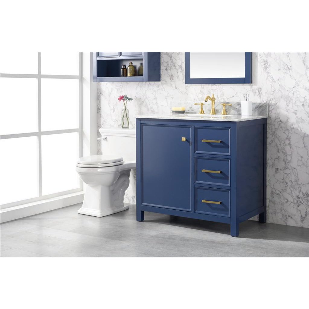 Legion Furniture 36" Blue Finish Sink Vanity Cabinet With Carrara White Top WLF2136-B