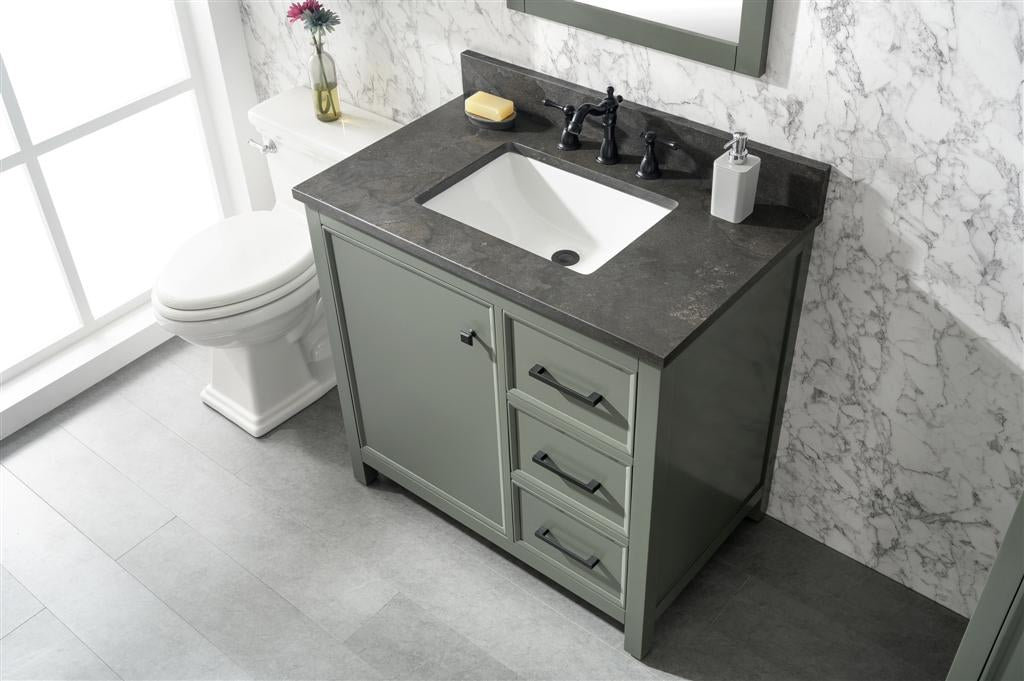 36" Bainbridge Vanity with Single Sink and Blue Limestone Top in Pewter Green Finish