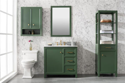 36" Bainbridge Vanity with Single Sink and White Carrara Marble Top in Vogue Green Finish