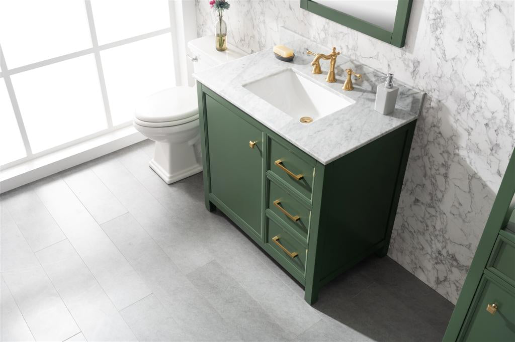 36" Bainbridge Vanity with Single Sink and White Carrara Marble Top in Vogue Green Finish