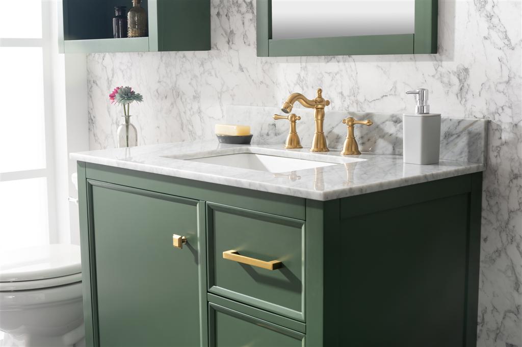 36" Bainbridge Vanity with Single Sink and White Carrara Marble Top in Vogue Green Finish