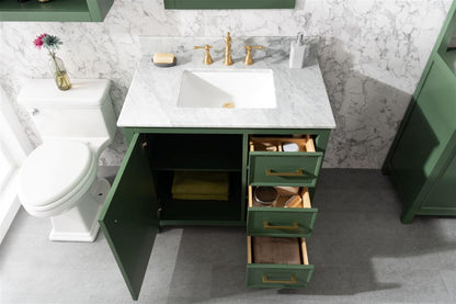 36" Bainbridge Vanity with Single Sink and White Carrara Marble Top in Vogue Green Finish