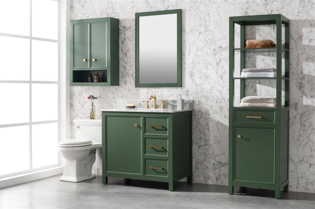 36" Bainbridge Vanity with Single Sink and White Carrara Marble Top in Vogue Green Finish