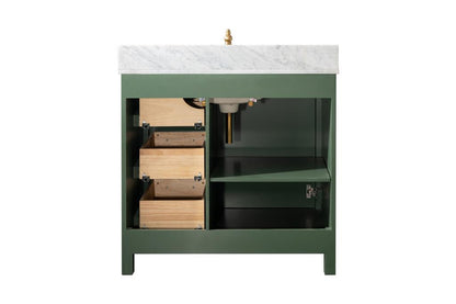 36" Bainbridge Vanity with Single Sink and White Carrara Marble Top in Vogue Green Finish