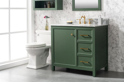 36" Bainbridge Vanity with Single Sink and White Carrara Marble Top in Vogue Green Finish