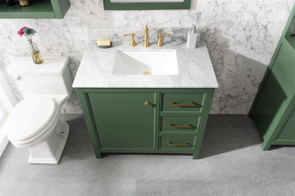 36" Bainbridge Vanity with Single Sink and White Carrara Marble Top in Vogue Green Finish