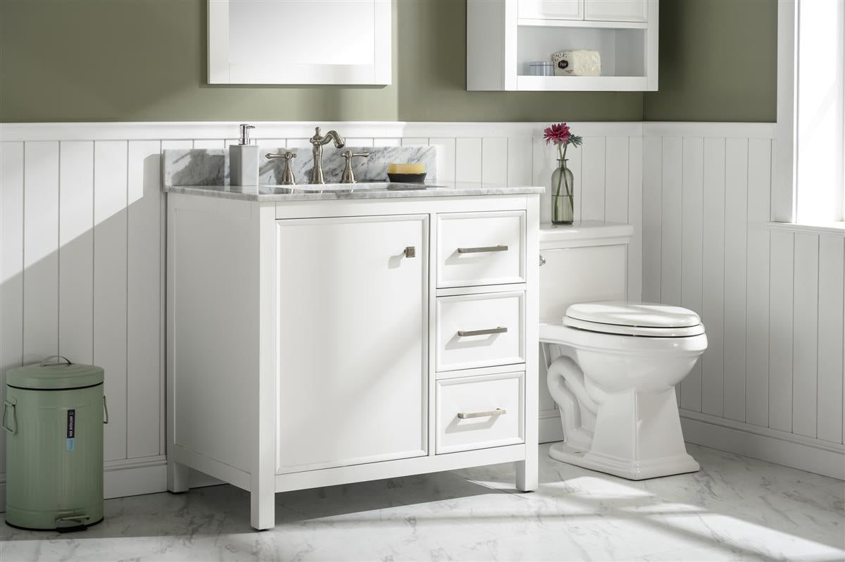 36" Bainbridge Vanity with Single Sink and Carrara Marble Top in White Finish