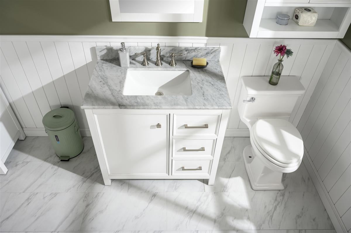 36" Bainbridge Vanity with Single Sink and Carrara Marble Top in White Finish