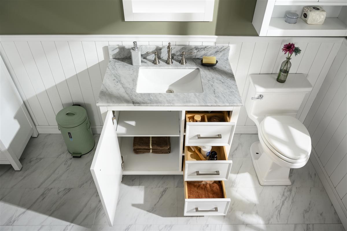 36" Bainbridge Vanity with Single Sink and Carrara Marble Top in White Finish