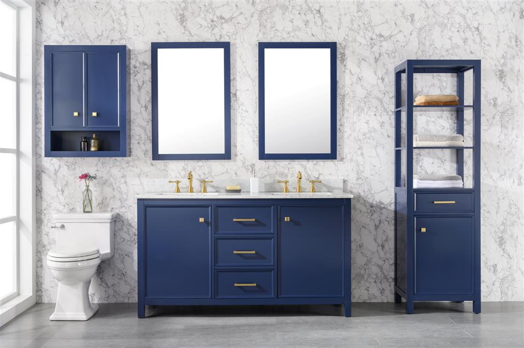 60" Bainbridge Vanity with Double Sinks and Carrara Marble Top in Blue Finish