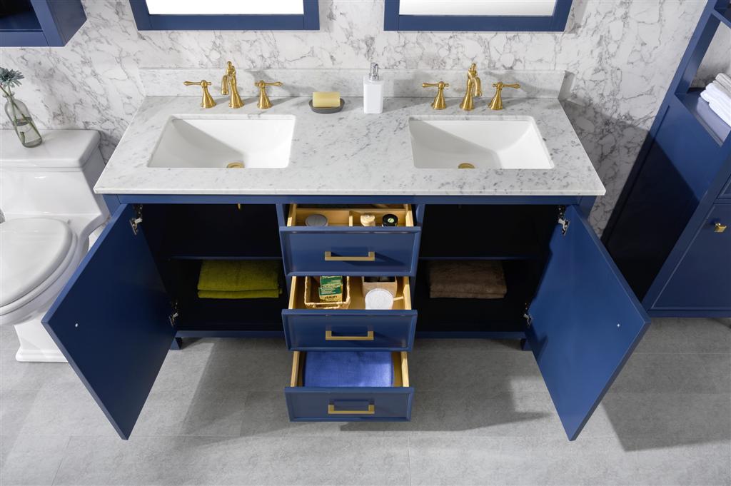 60" Bainbridge Vanity with Double Sinks and Carrara Marble Top in Blue Finish