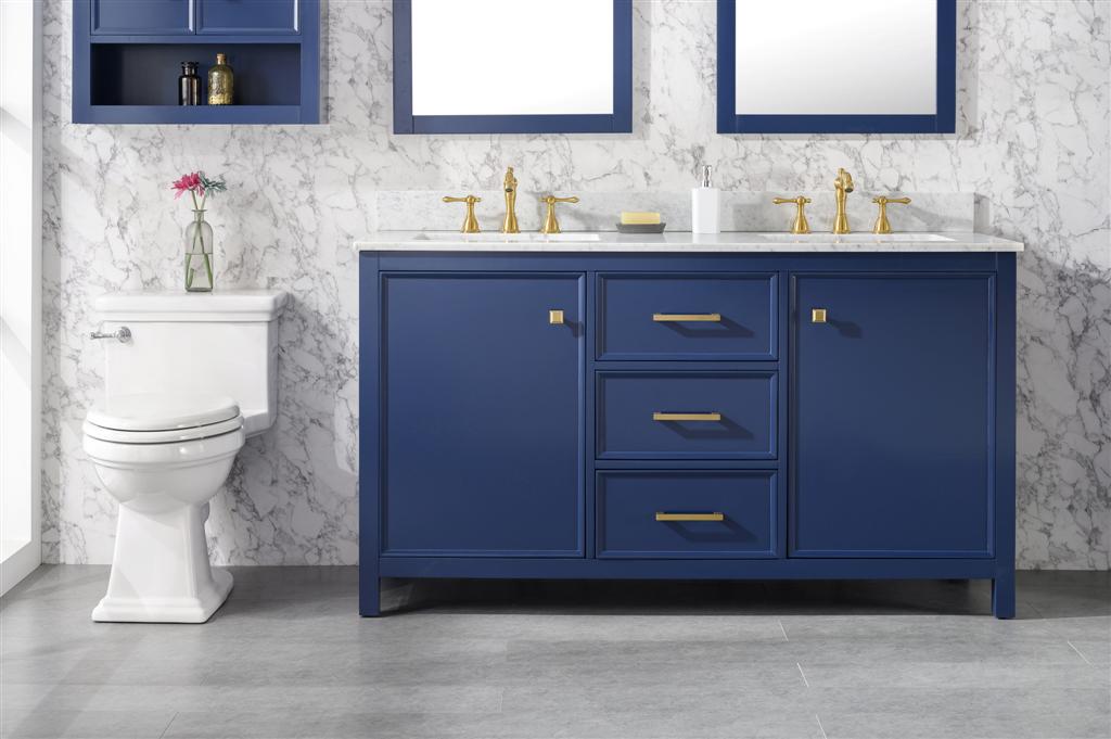 60" Bainbridge Vanity with Double Sinks and Carrara Marble Top in Blue Finish