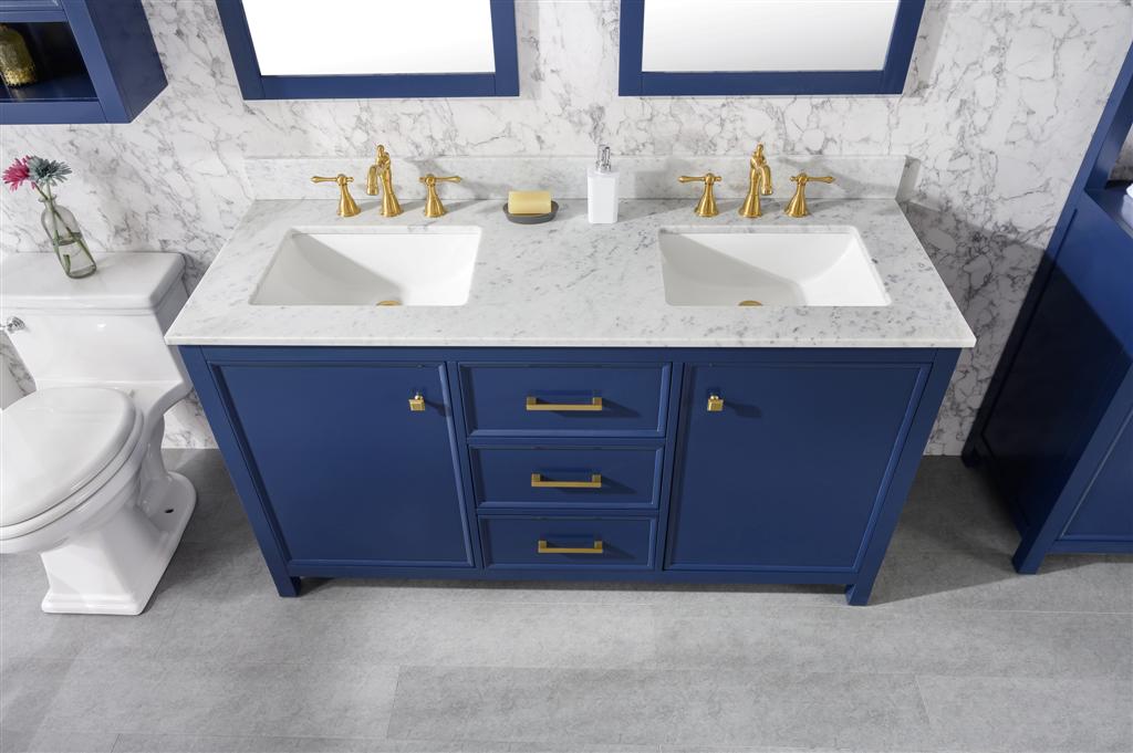 60" Bainbridge Vanity with Double Sinks and Carrara Marble Top in Blue Finish