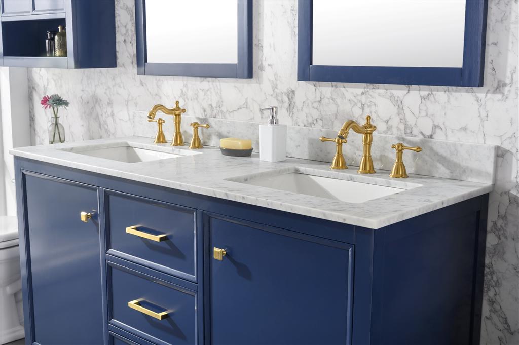 60" Bainbridge Vanity with Double Sinks and Carrara Marble Top in Blue Finish