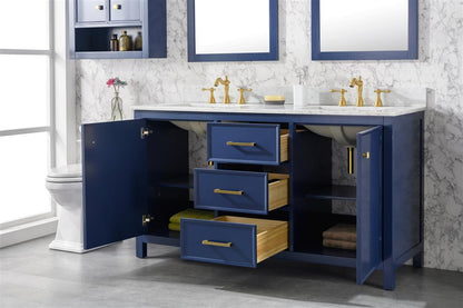 60" Bainbridge Vanity with Double Sinks and Carrara Marble Top in Blue Finish