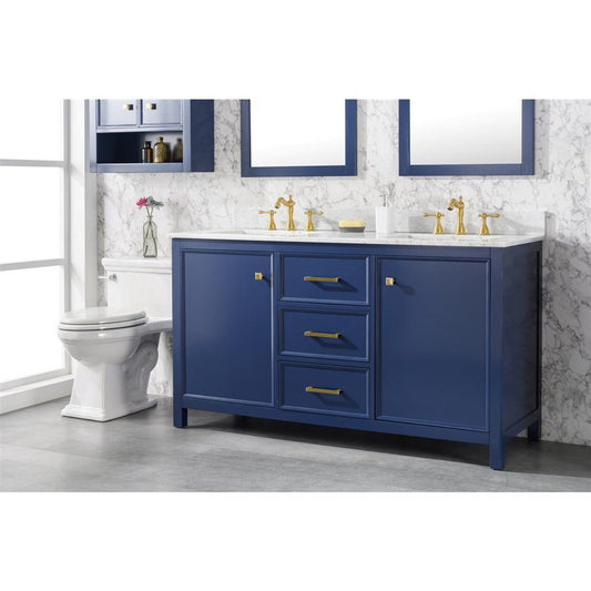 Legion Furniture 60" Blue Finish Double Sink Vanity Cabinet With Carrara White Top WLF2160D-B