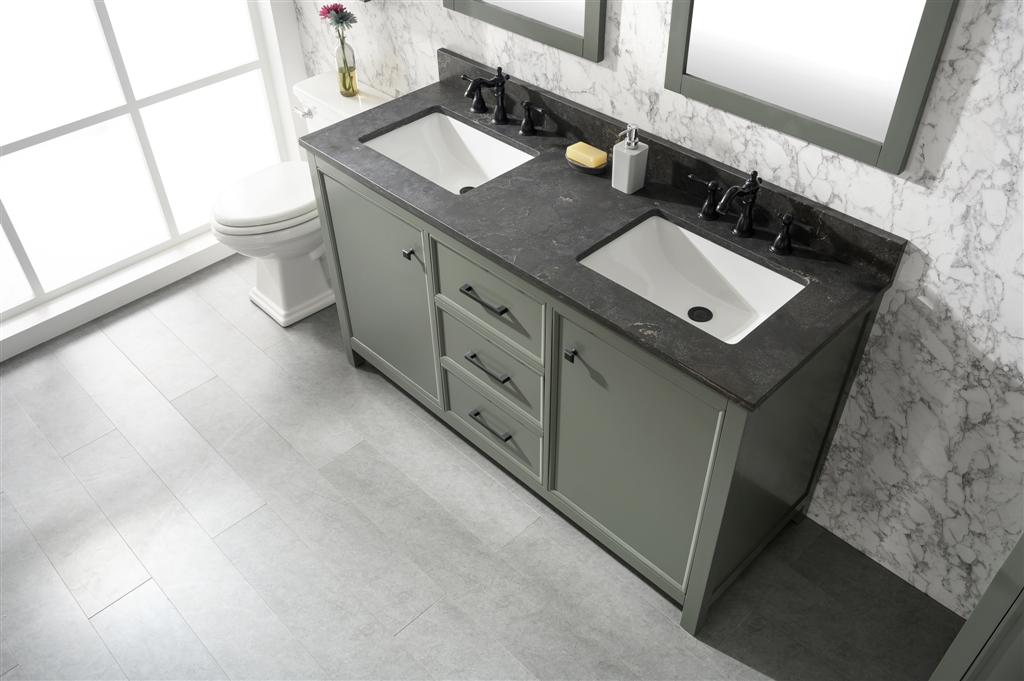 54" Bainbridge Vanity with Double Sinks and Blue Limestone Top in Pewter Green Finish