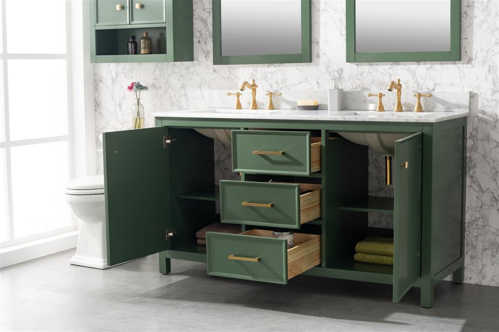 60" Bainbridge Vanity with Double Sinks and Carrara Marble Top in Vogue Green Finish