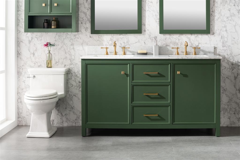 60" Bainbridge Vanity with Double Sinks and Carrara Marble Top in Vogue Green Finish