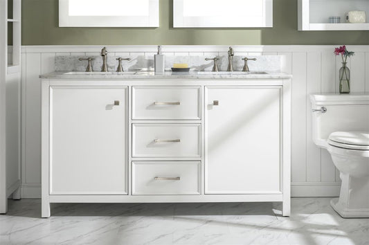 54" Bainbridge Vanity with Double Sinks and Carrara Marble Top in White Finish