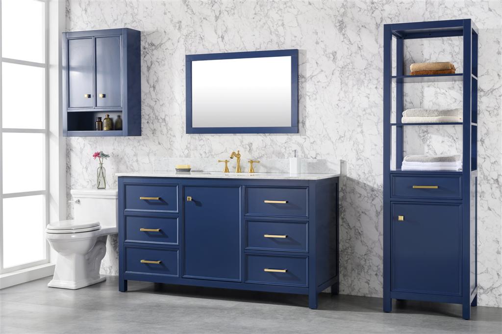 60" Bainbridge Vanity with Single Sink and Carrara Marble Top in Blue Finish