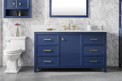 60" Bainbridge Vanity with Single Sink and Carrara Marble Top in Blue Finish