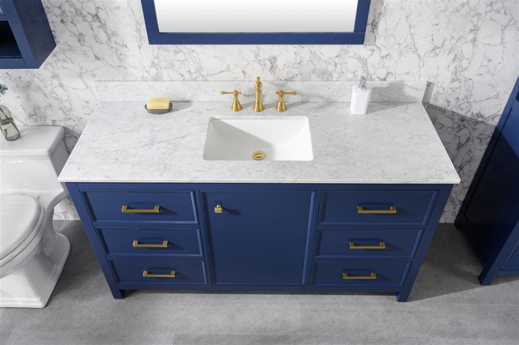 60" Bainbridge Vanity with Single Sink and Carrara Marble Top in Blue Finish