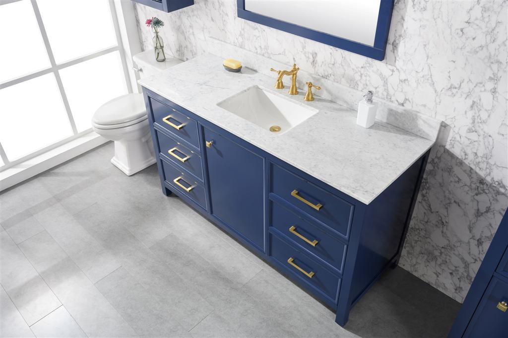 60" Bainbridge Vanity with Single Sink and Carrara Marble Top in Blue Finish