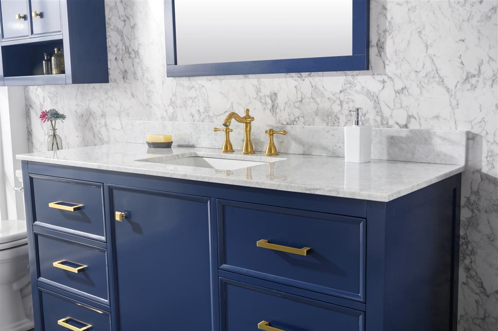 60" Bainbridge Vanity with Single Sink and Carrara Marble Top in Blue Finish