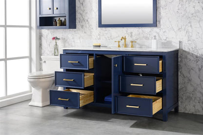 60" Bainbridge Vanity with Single Sink and Carrara Marble Top in Blue Finish