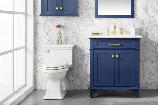 30" Haven Vanity with Single Sink and Carrara Marble Top in Blue Finish