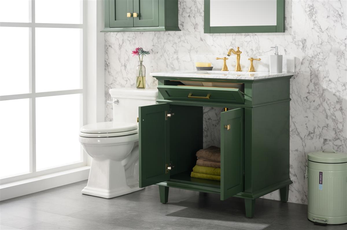 30" Haven Vanity with Single Sink and Carrara Marble Top in Vogue Green Finish