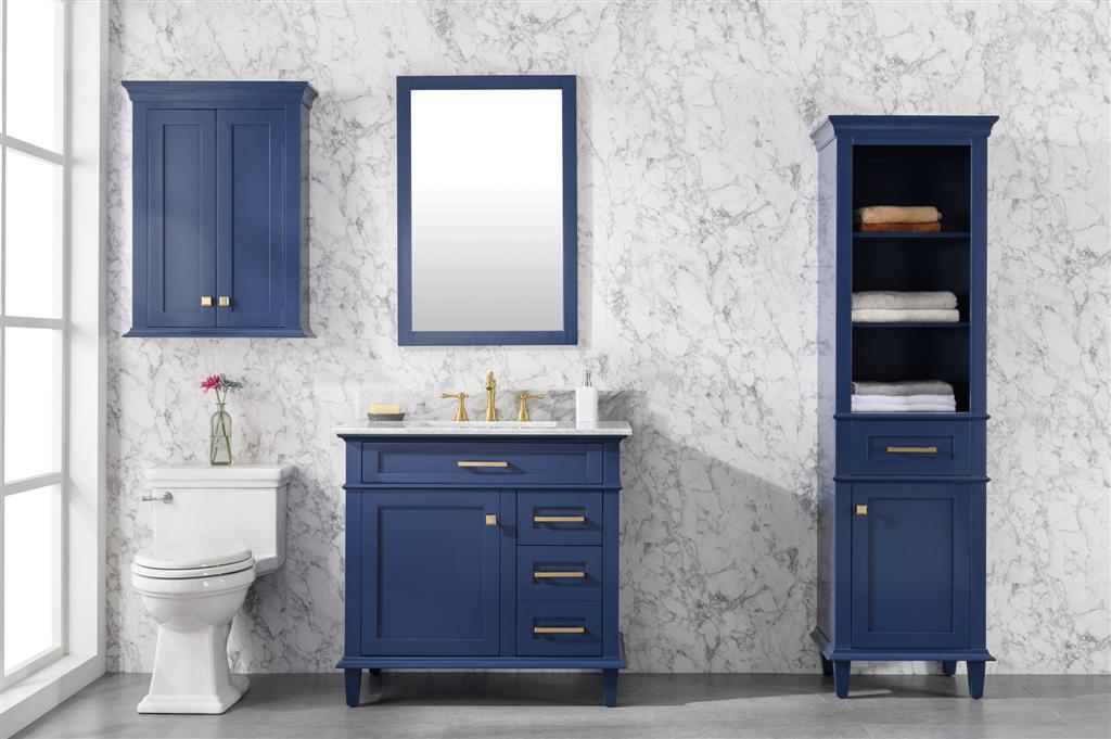 36" Haven Vanity with Single Sink and Carrara Marble Top in Blue Finish