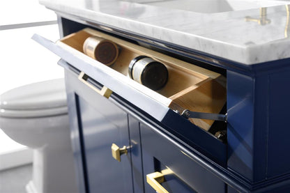 36" Haven Vanity with Single Sink and Carrara Marble Top in Blue Finish