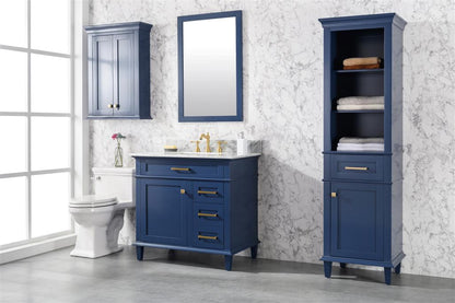 36" Haven Vanity with Single Sink and Carrara Marble Top in Blue Finish