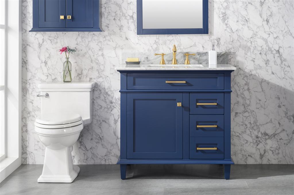 36" Haven Vanity with Single Sink and Carrara Marble Top in Blue Finish