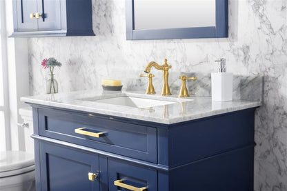 36" Haven Vanity with Single Sink and Carrara Marble Top in Blue Finish