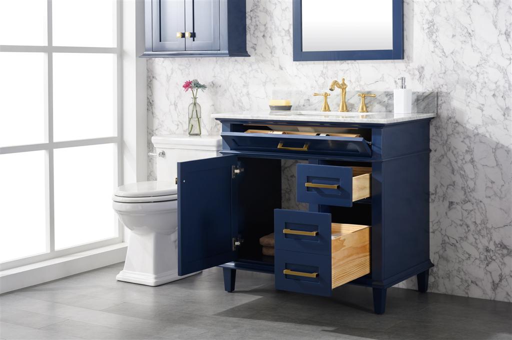 36" Haven Vanity with Single Sink and Carrara Marble Top in Blue Finish