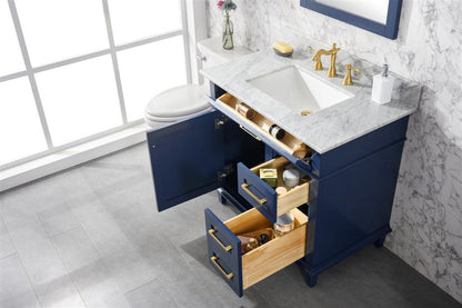 36" Haven Vanity with Single Sink and Carrara Marble Top in Blue Finish