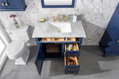 36" Haven Vanity with Single Sink and Carrara Marble Top in Blue Finish