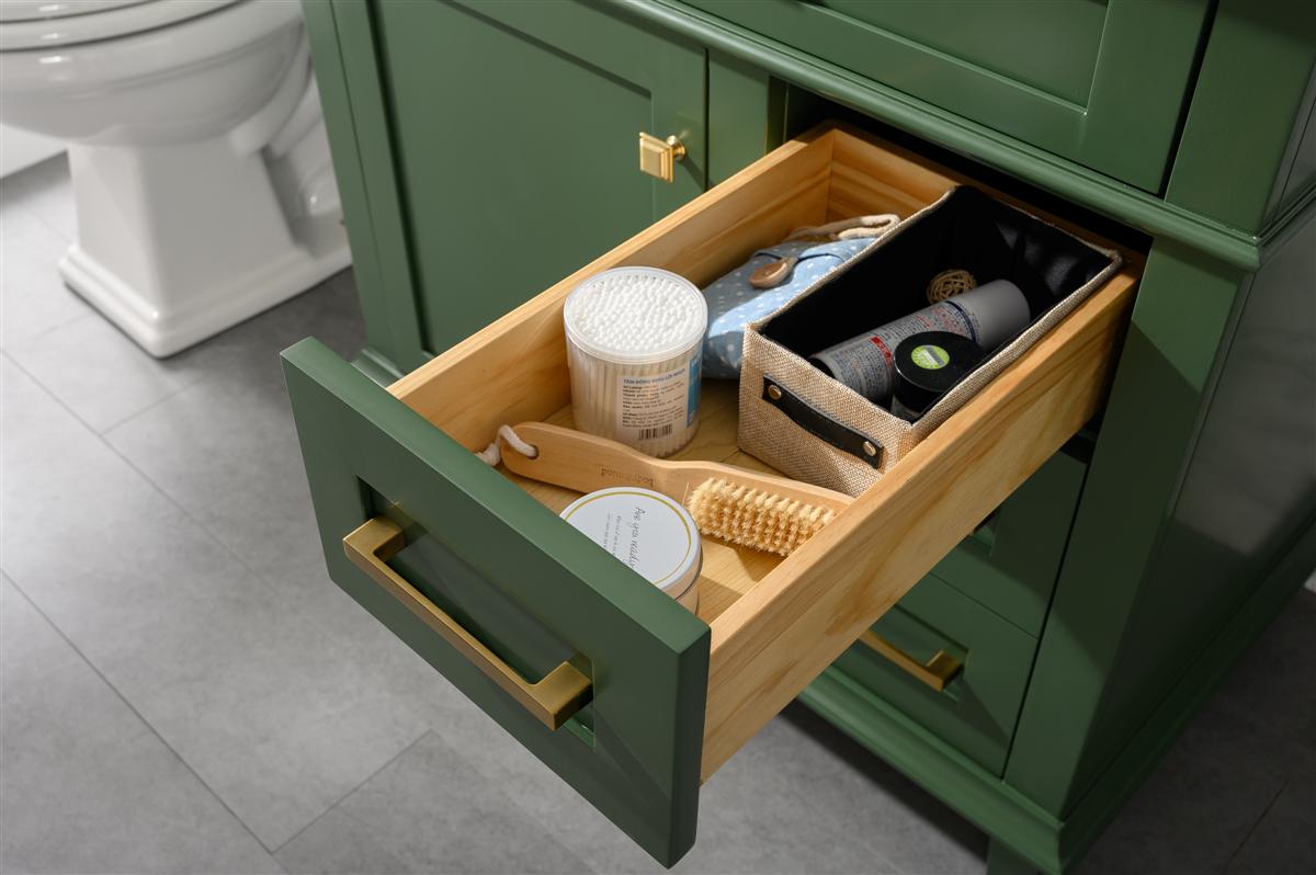 36" Haven Vanity with Single Sink and Carrara Marble Top in Vogue Green Finish