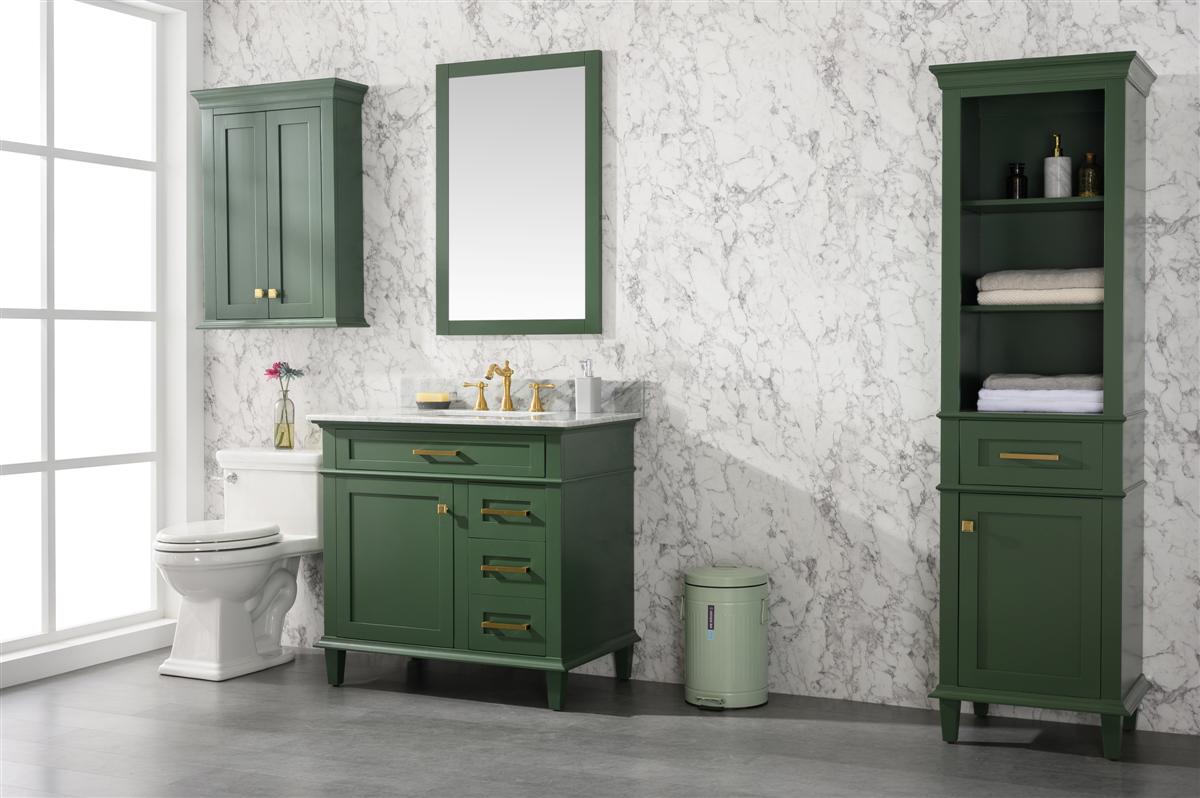 36" Haven Vanity with Single Sink and Carrara Marble Top in Vogue Green Finish