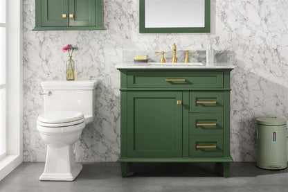 36" Haven Vanity with Single Sink and Carrara Marble Top in Vogue Green Finish