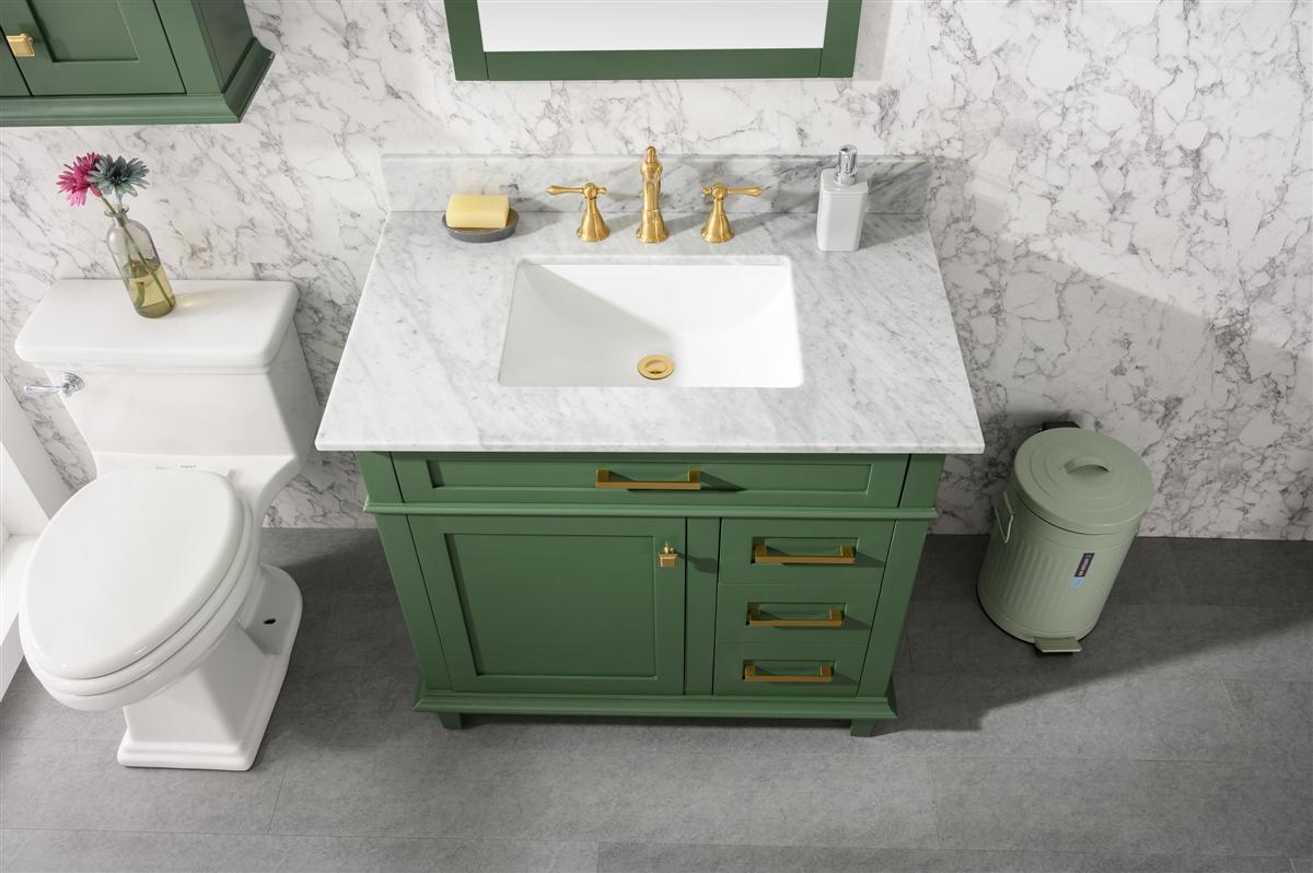 36" Haven Vanity with Single Sink and Carrara Marble Top in Vogue Green Finish