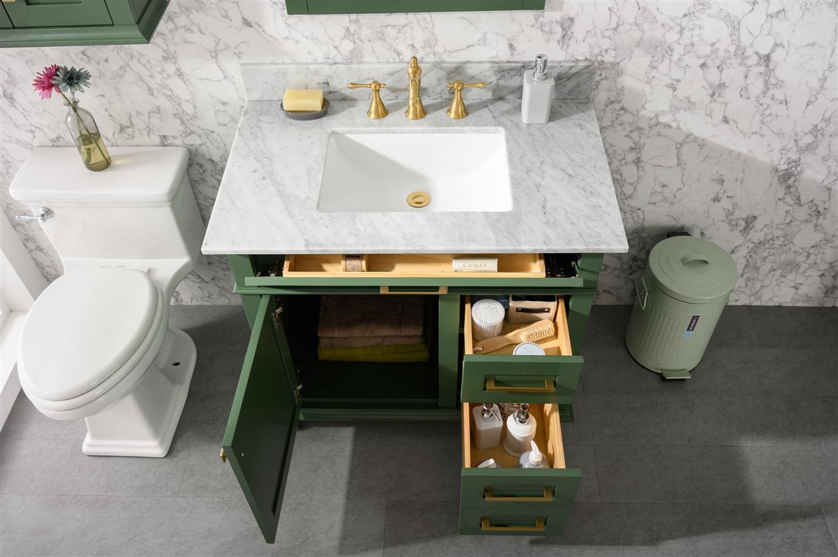 36" Haven Vanity with Single Sink and Carrara Marble Top in Vogue Green Finish