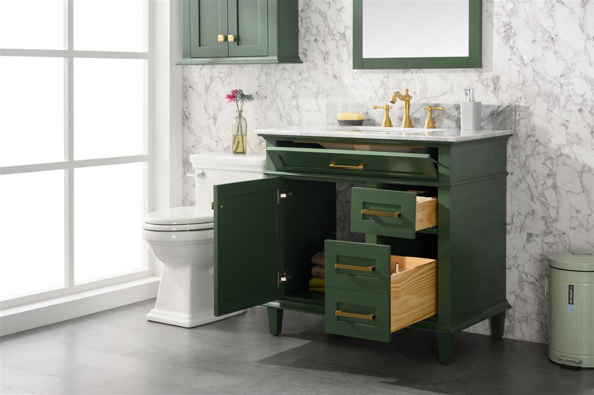 36" Haven Vanity with Single Sink and Carrara Marble Top in Vogue Green Finish