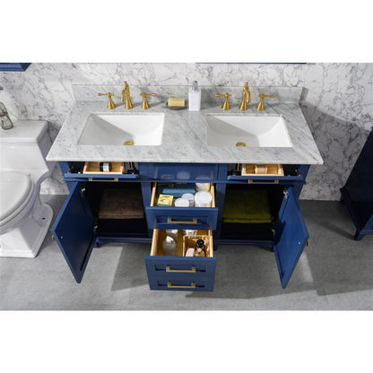 Legion Furniture 54" Blue Finish Double Sink Vanity Cabinet With Carrara White Top WLF2254-B