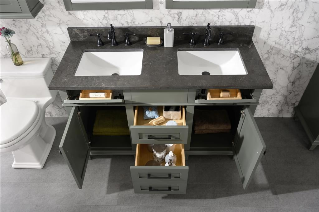 54" Haven Vanity with Double Sinks and Blue Limestone Top in Pewter Green Finish